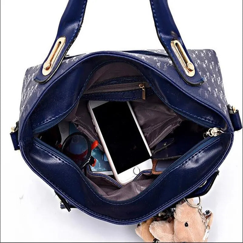 Handbag Set: 4PCS Set PU Leather Leisure Bag Handbag Shoulder Hanging Wallet Composite Bag Elegant Lady Bear Pendant Bag
