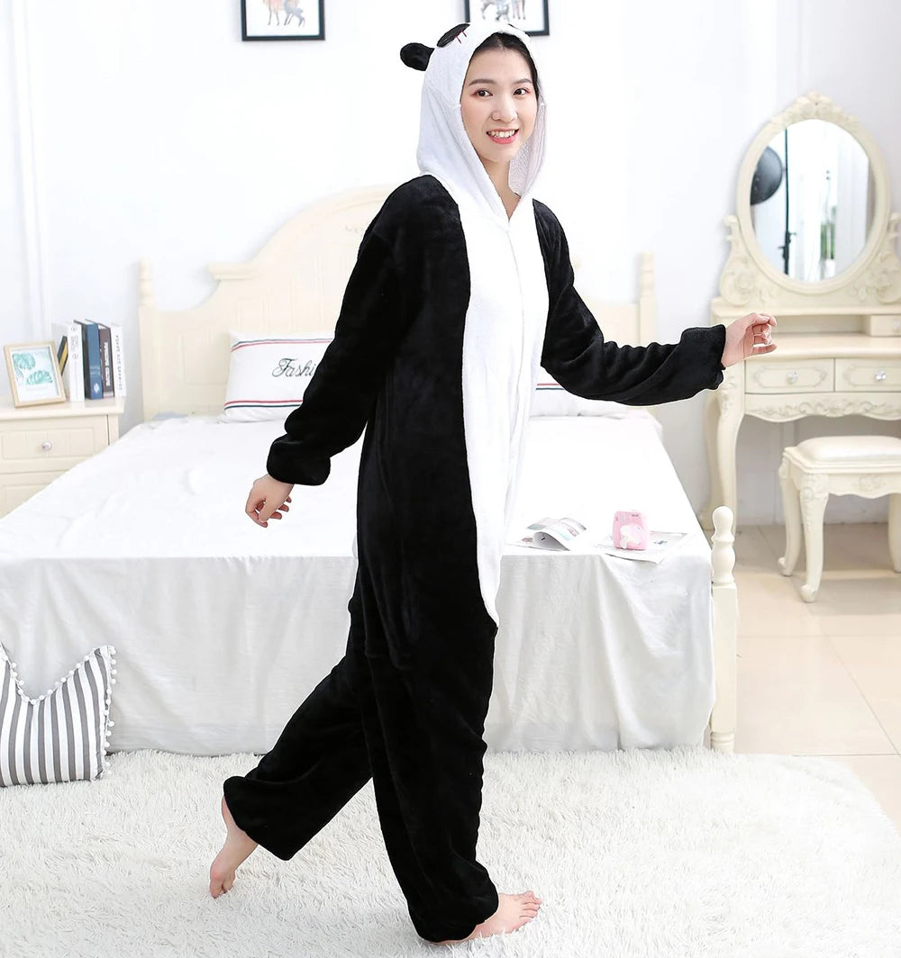 Winter Adults Animal Panda Onesies Women Men Unisex Anime Pajamas Cartoon Costumes Christmas Hooded Jumpsuits Flannel Pajamas