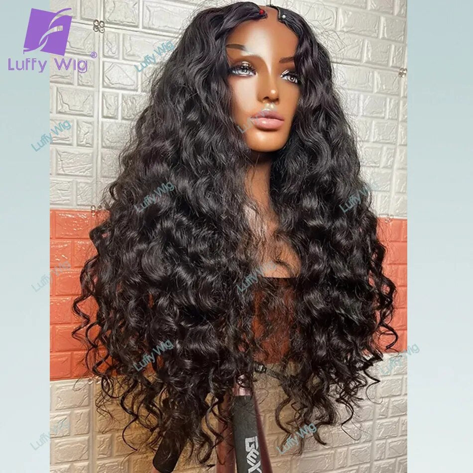 Long Wavy V Part Wig Human Hair Brazilian Remy Hair VPart Wigs No Leave Out Glueless 180Density U Shape For Black Women Luffywig