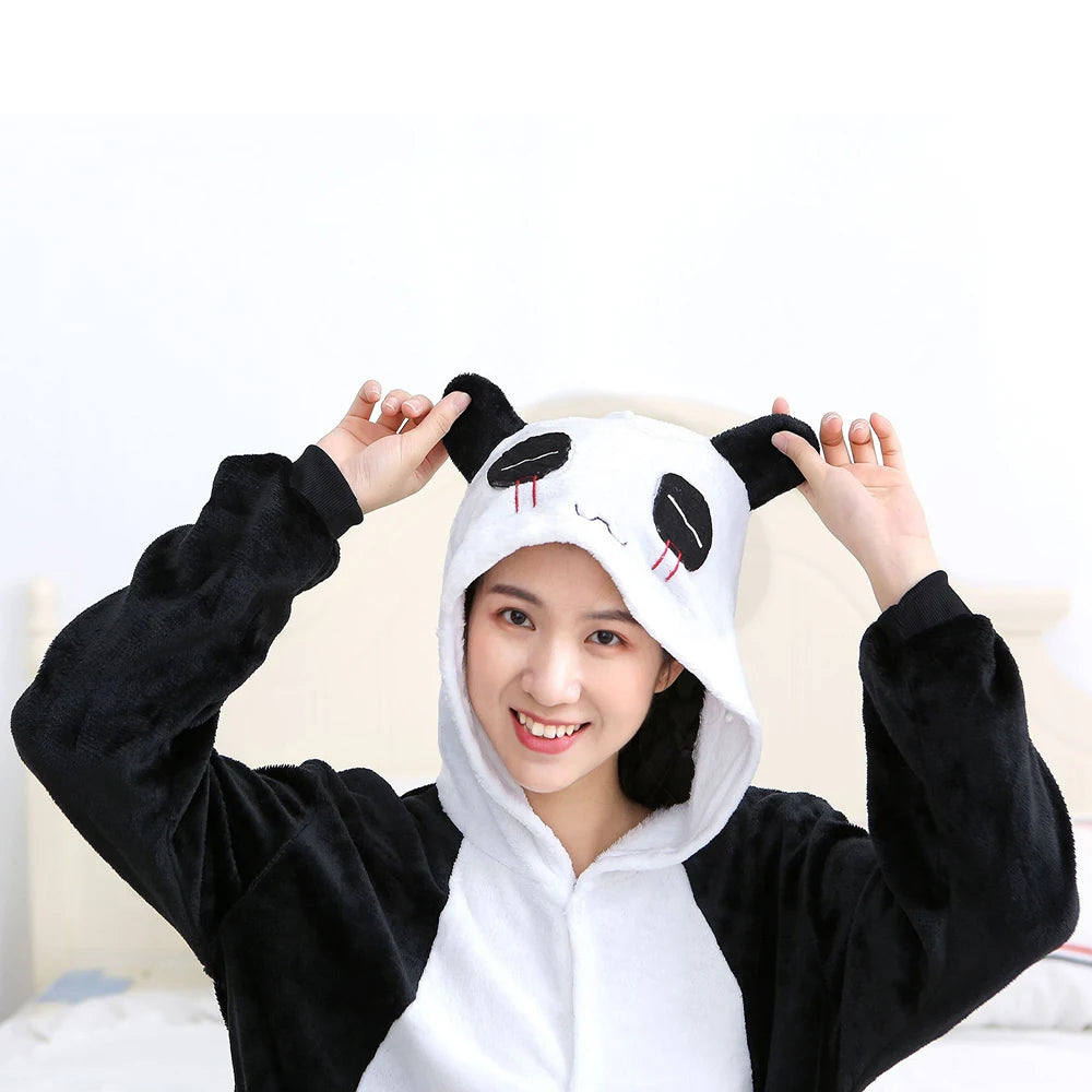 Winter Adults Animal Panda Onesies Women Men Unisex Anime Pajamas Cartoon Costumes Christmas Hooded Jumpsuits Flannel Pajamas