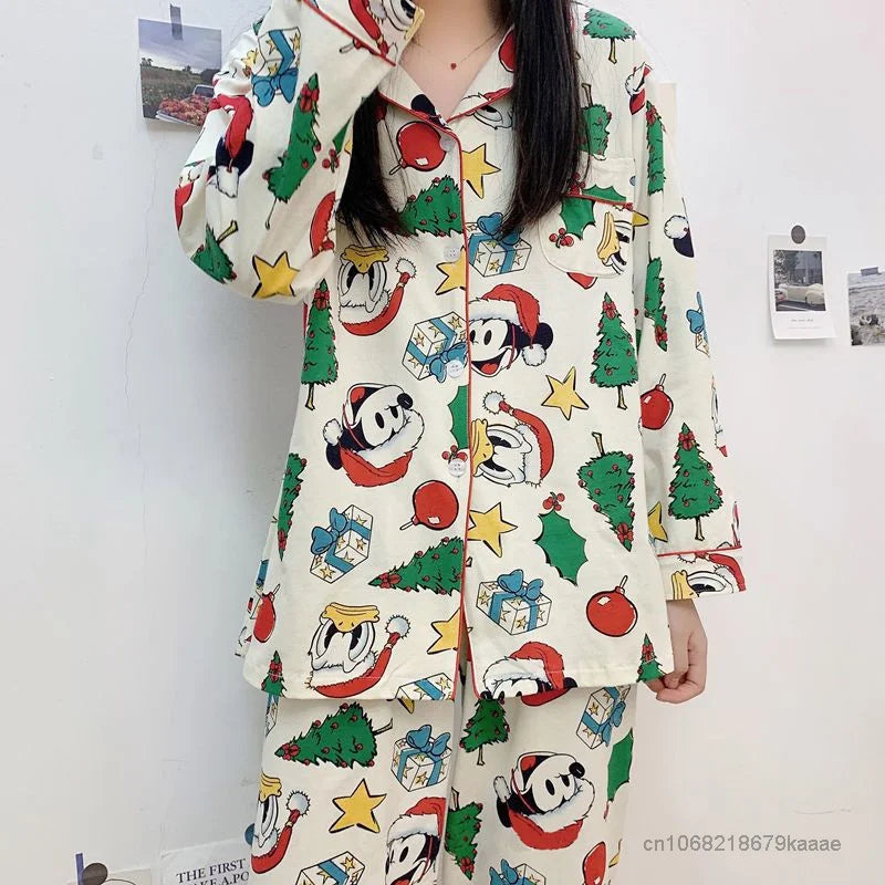Disney Christmas Mickey Pajamas 2 Piece Set Women Long Sleeve Top Shirts Loose Trousers Y2k Home Clothes Cartoon Trend Sleepwear