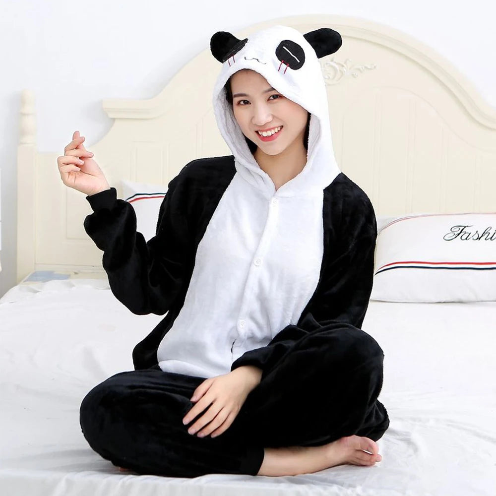 Winter Adults Animal Panda Onesies Women Men Unisex Anime Pajamas Cartoon Costumes Christmas Hooded Jumpsuits Flannel Pajamas