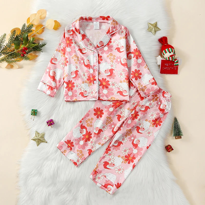 Toddler Girl Christmas Pajamas Cartoon Santa Flower Print Long-Sleeved Lapel Tops Elastic Waist Trousers Sleepwear Outfits