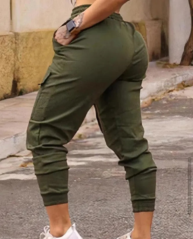Julie Cargo Pants: Women's Pants 2023 Summer Fashion Pocket Design Drawstring Casual High Waist Plain Daily Long Cuffed Cargo Pants Y2K Streetwear