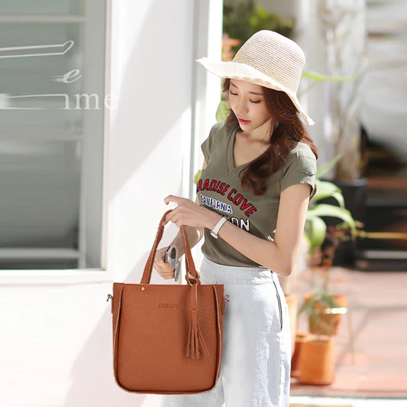 Handbag Set: Women 4PC Top-Handle Bags Female Composite Bags Women Messenger Bags Handbag Set PU Leather Wallets Key Bags Set Bolsa