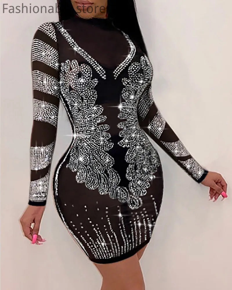 Sequin Goddess Dress (8): Women Sexy Solid Color Sheer Mesh Rhinestone Design Bodycon Nightclub Party Dress