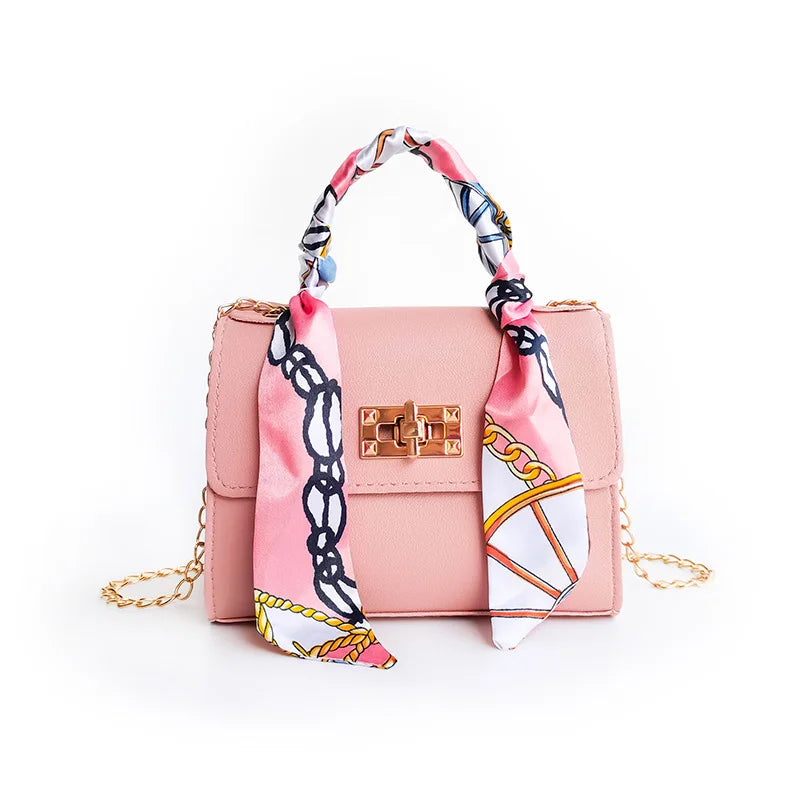 Trendy Handbag: Women Small Square Pack Handbags Silk Scarf Shoulder Bags PU Leather Mini Chain Bag Luxury Ribbons Crossbody Bags