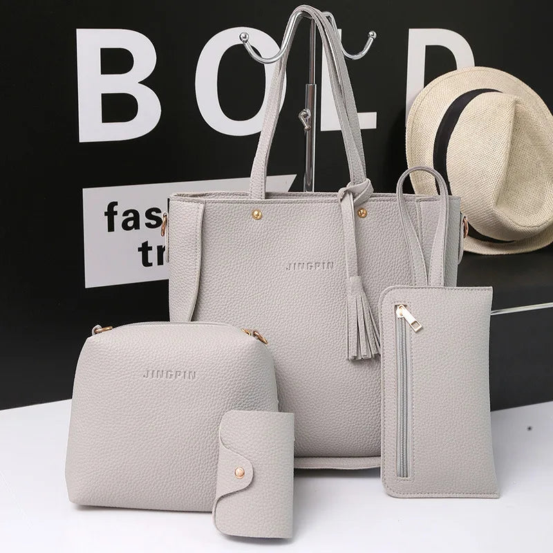Handbag Set: 4Pcs/Set Women Top-Handle Bags Female Composite Bags Women Messenger Bags Handbag Set PU Leather Wallets Key Bag Set