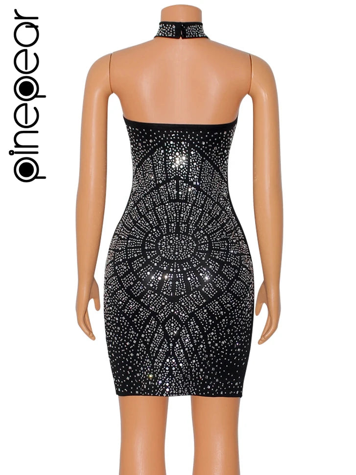 Sequin Goddess Dress (14): PinePear Diamonds Chain Hot Rhinestones Backess Halter Neck Sleeveless Bodycon Mini Dress for Women Sexy Party Even Dresses Sequin
