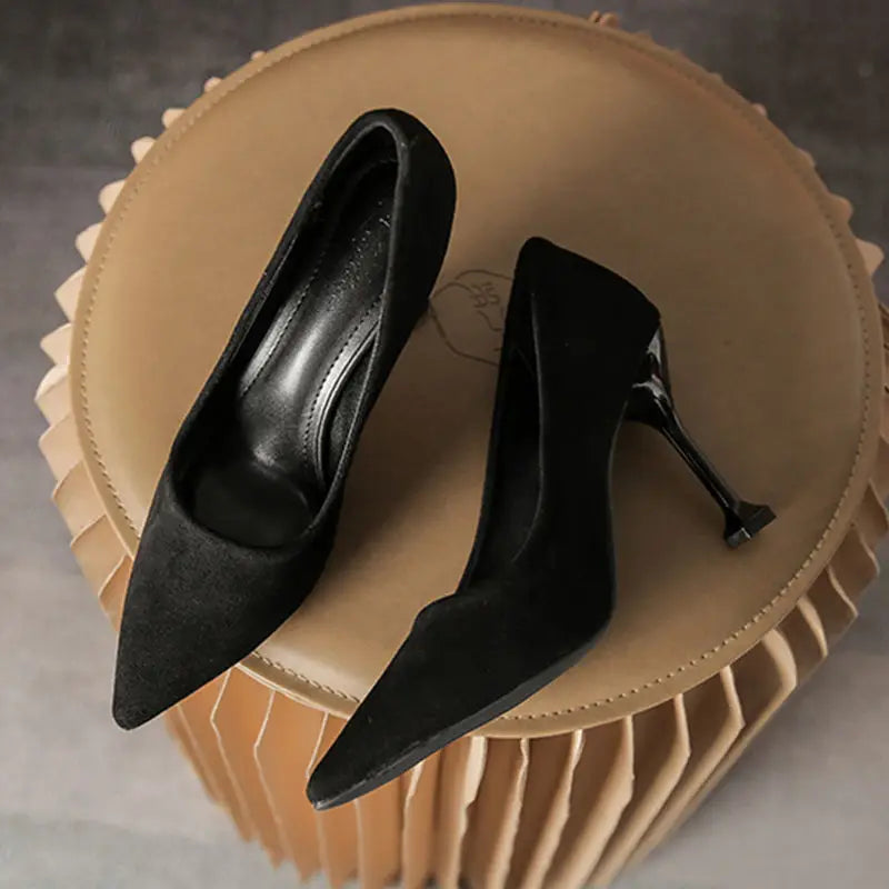 Women's Shoes: Black High Heels Women Summer Stiletto Suede Single Shoes Velvet Interview Formal Wear Professional Student Etiquette Shoes