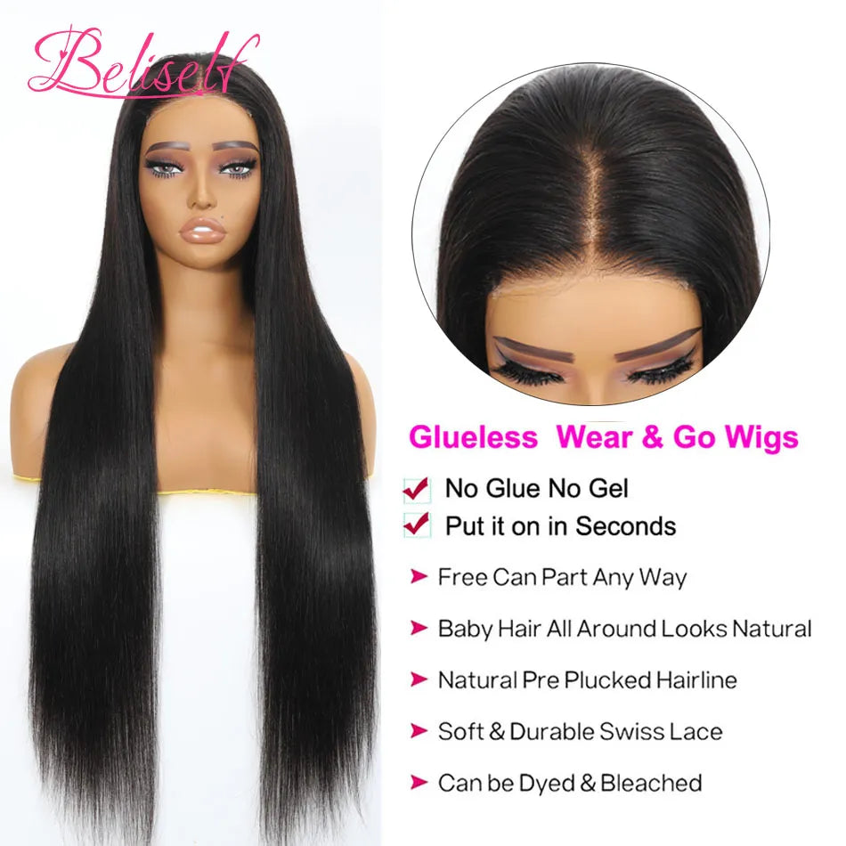 Glueless Wig Human Hair Ready to Wear Straight Glueless HD Lace Human Hair Wigs Pre Plucked 5x5 Lace Closure Wig