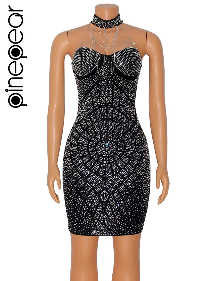 Sequin Goddess Dress (14): PinePear Diamonds Chain Hot Rhinestones Backess Halter Neck Sleeveless Bodycon Mini Dress for Women Sexy Party Even Dresses Sequin