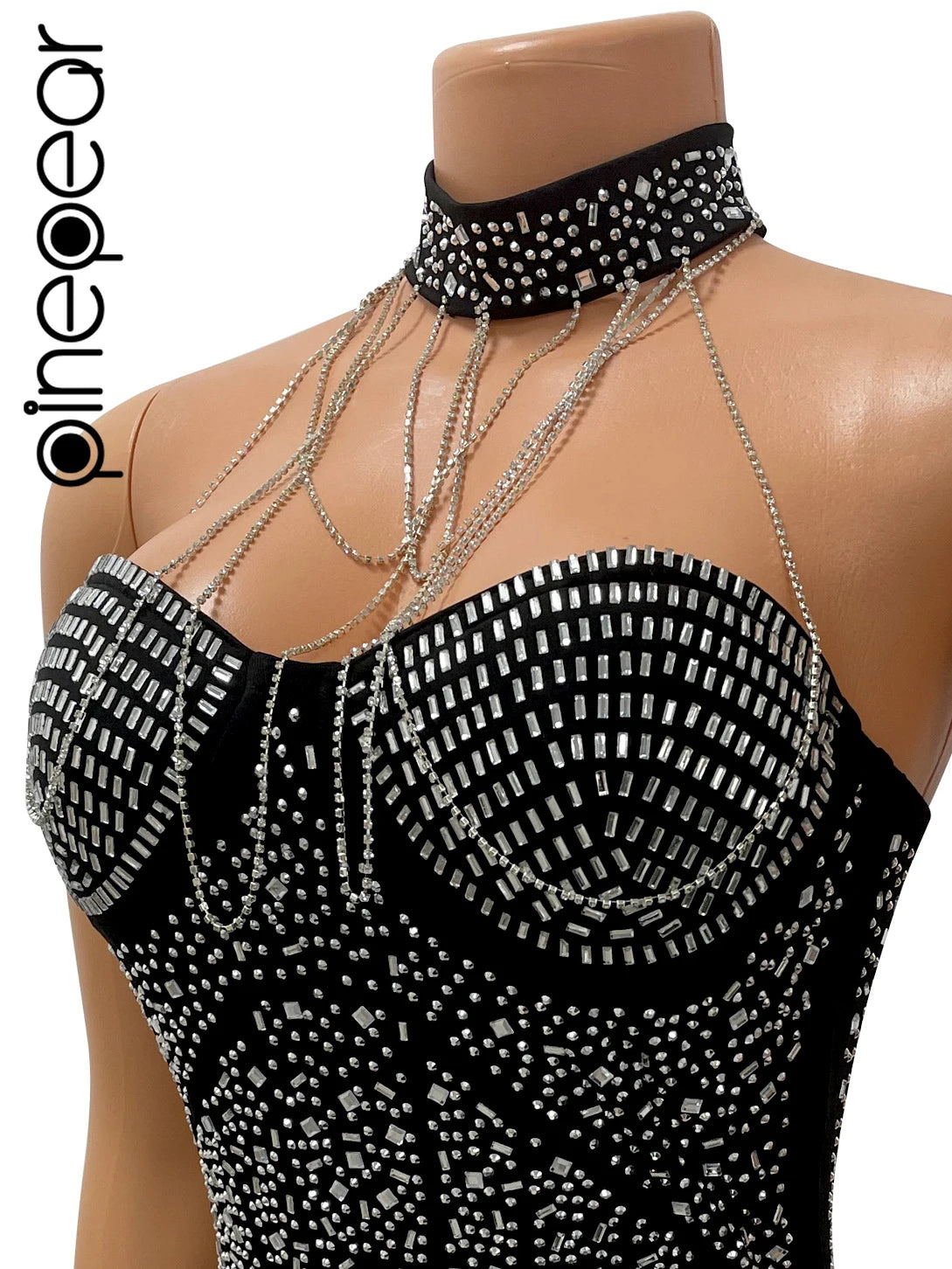 Sequin Goddess Dress (14): PinePear Diamonds Chain Hot Rhinestones Backess Halter Neck Sleeveless Bodycon Mini Dress for Women Sexy Party Even Dresses Sequin