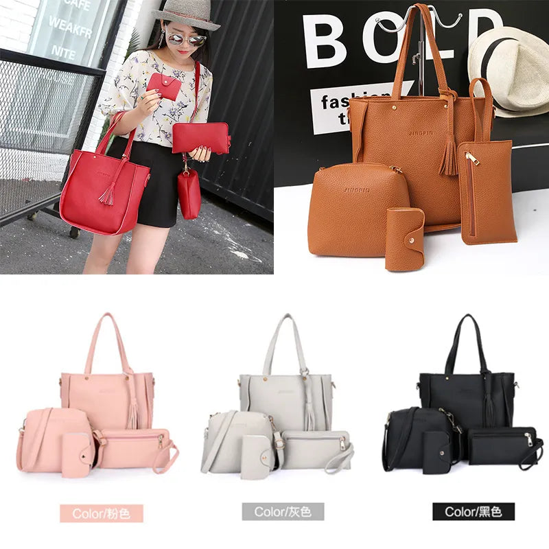 Handbag Set: 4Pcs/Set Women Top-Handle Bags Female Composite Bags Women Messenger Bags Handbag Set PU Leather Wallets Key Bag Set