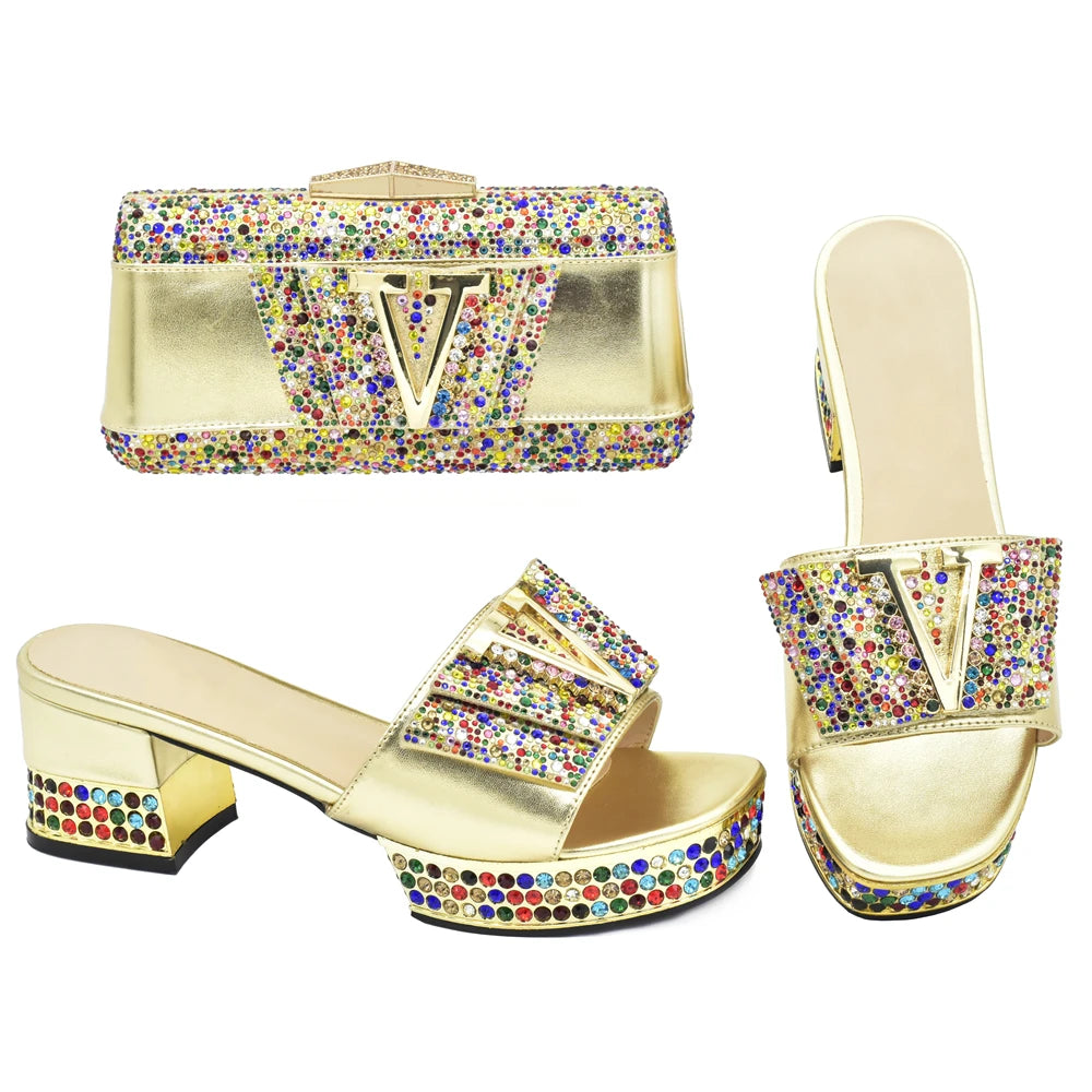 Latest Red Color African Women Party Italian Shoe with Matching Bag for Women Ladies Shoes and Bag Set Decorated with Rhinestone