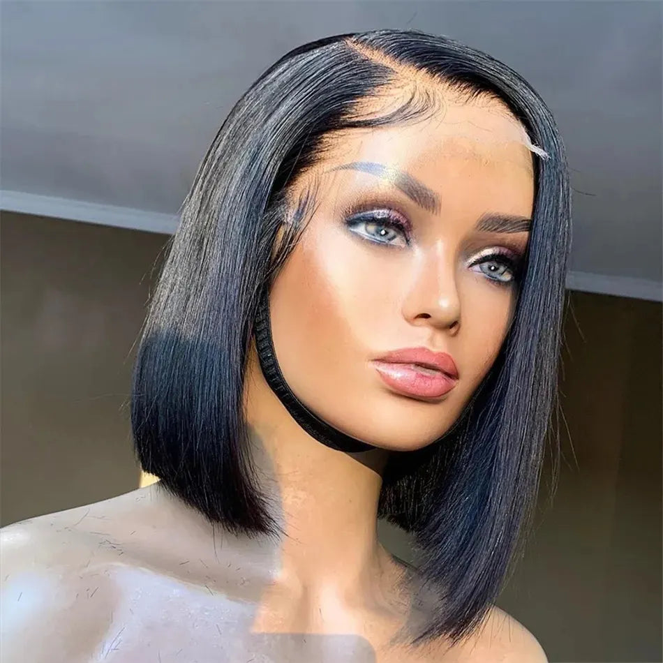 Glueless Wig: Glueless Short Bob Human Hair Wig Brazilian T Part side part Straight Lace Front Wig For Women Brazilian 150Density 8-16 inches Wear & Go