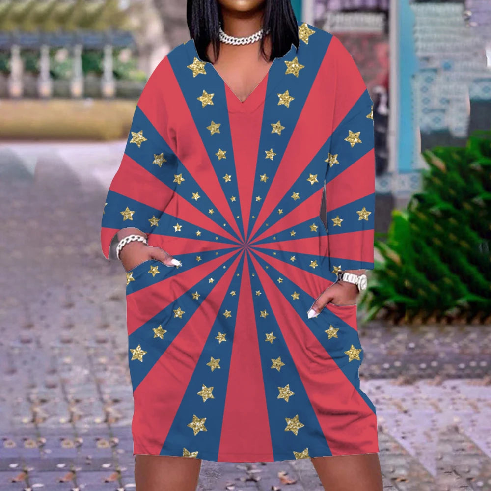 Geometric Vortex Dress: Vintage Geometric Print Dress Women Psychedelic 3d Print Vortex Dress Girl Knee-length Boho Sexy V-Neck Female Midi Party Dress Plus Size (Up To 5XL)