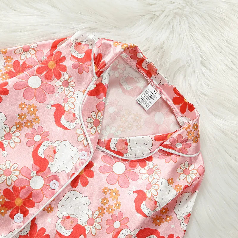 Toddler Girl Christmas Pajamas Cartoon Santa Flower Print Long-Sleeved Lapel Tops Elastic Waist Trousers Sleepwear Outfits