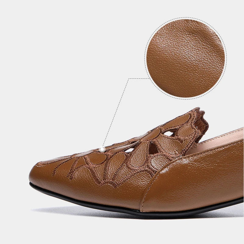 Women Shoes: Flats Mid Heel Loafers Shoes Women Heels Wedding PU Leather Hollow Out brown Square Heel Formal Shoes chaussure femme