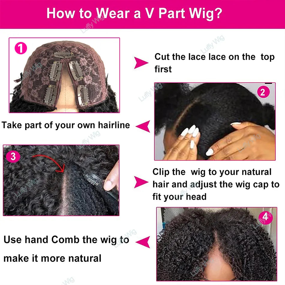 Long Wavy V Part Wig Human Hair Brazilian Remy Hair VPart Wigs No Leave Out Glueless 180Density U Shape For Black Women Luffywig