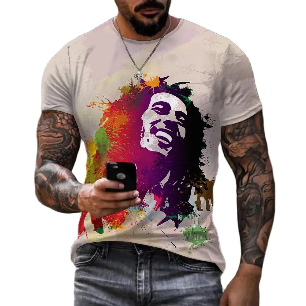 Bob Marley T-Shirt🇯🇲: Summer Harajuku Men's Casual T-shirt Reggae Singer Bob Marley 3d Printed Shirt Round Neck Funny Short Sleeve Clothing Street Plus Size