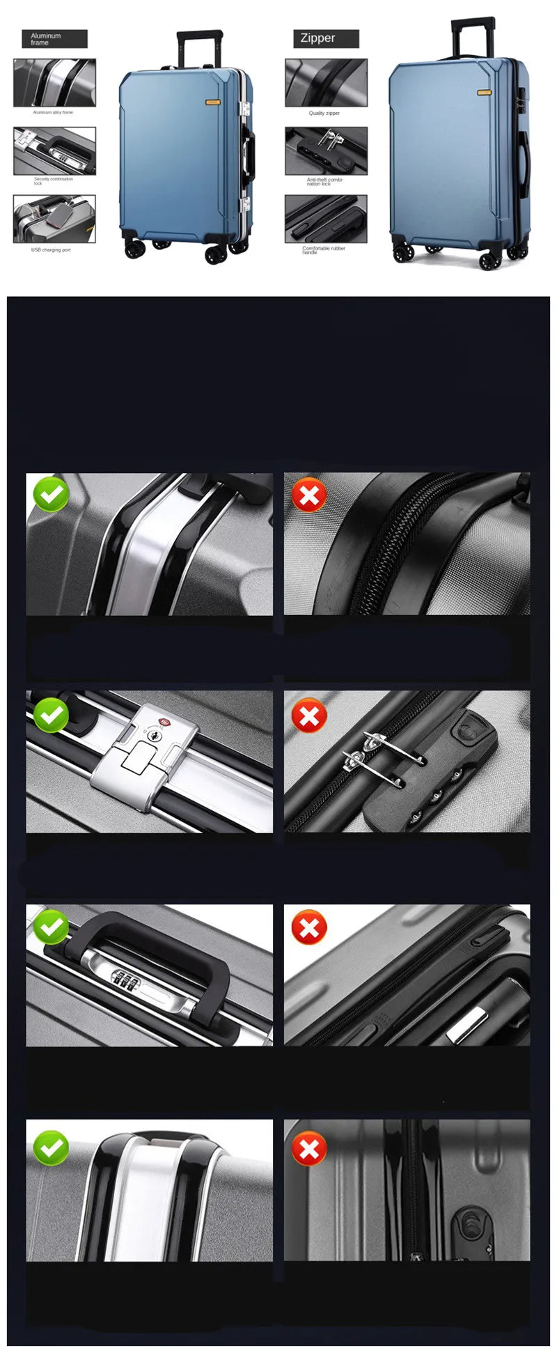 Popular Fashion Rolling Luggage 20/22/24/ 26 Inch Brand Suitcase Men Aluminum Frame Travel Suitcase Ladies Luggage Zipper