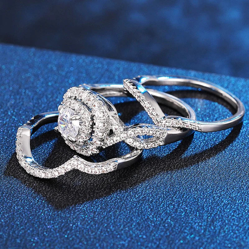 Huitan Luxury Trendy Crystal Wedding Rings for Women 3Pcs Set Silver Color Engagement Marriage Accessories Bridal Rings Jewelry
