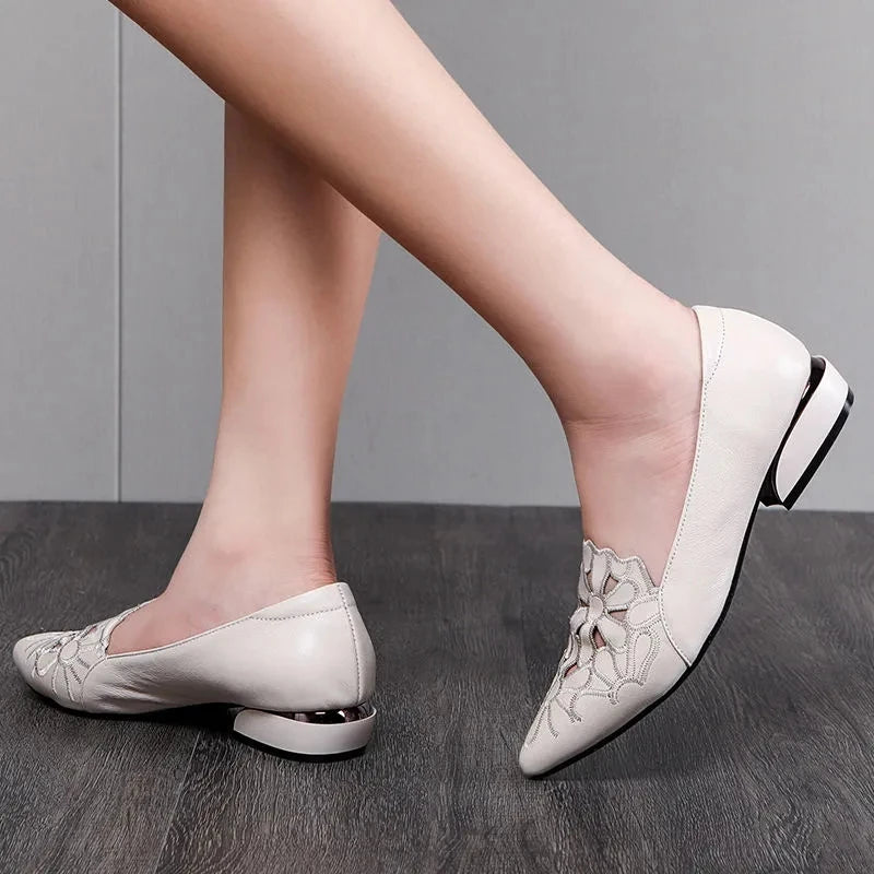 Women Shoes: Flats Mid Heel Loafers Shoes Women Heels Wedding PU Leather Hollow Out brown Square Heel Formal Shoes chaussure femme