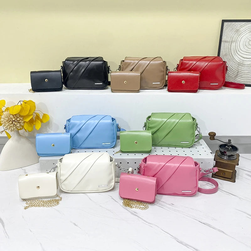 Handbag Set: 7 Colors Pu Leather Shoulder Bag Fashion Women's Bag Designer Handbag Purse Female Small Crossbody Bag 2 PCS Set Messenger Bags