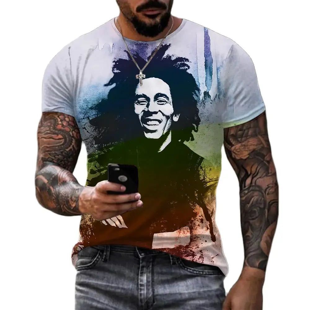 Bob Marley T-Shirt🇯🇲: Summer Harajuku Men's Casual T-shirt Reggae Singer Bob Marley 3d Printed Shirt Round Neck Funny Short Sleeve Clothing Street Plus Size