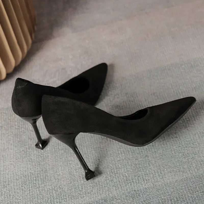 Women's Shoes: Black High Heels Women Summer Stiletto Suede Single Shoes Velvet Interview Formal Wear Professional Student Etiquette Shoes