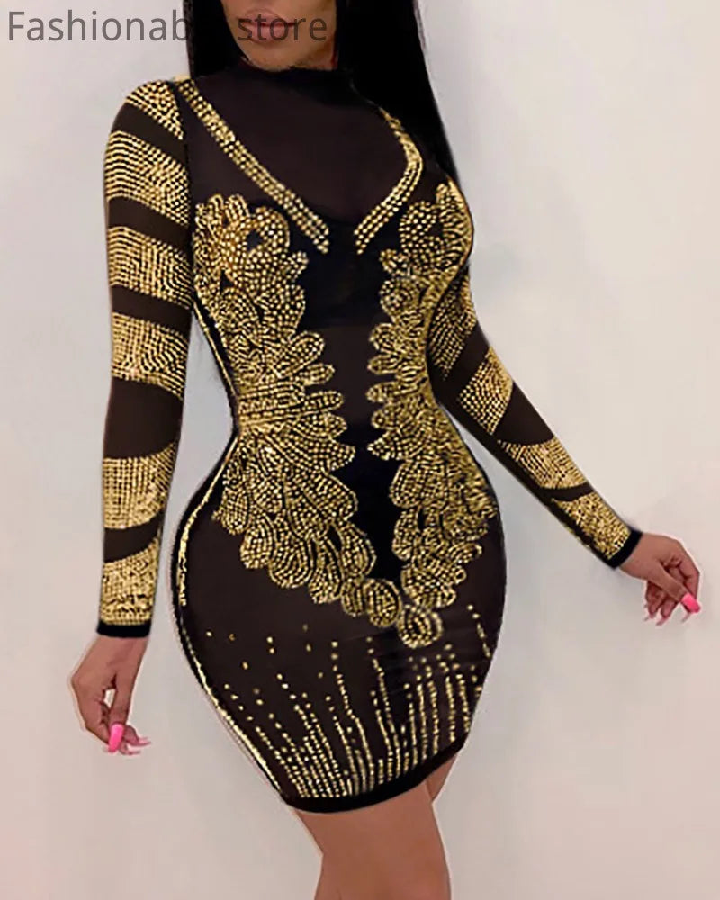 Sequin Goddess Dress (8): Women Sexy Solid Color Sheer Mesh Rhinestone Design Bodycon Nightclub Party Dress