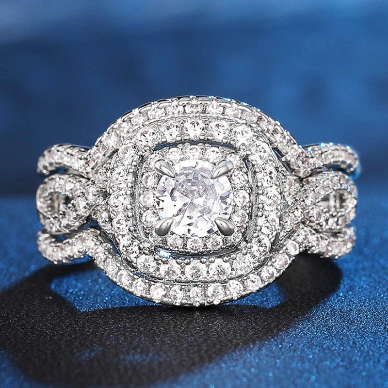 Huitan Luxury Trendy Crystal Wedding Rings for Women 3Pcs Set Silver Color Engagement Marriage Accessories Bridal Rings Jewelry