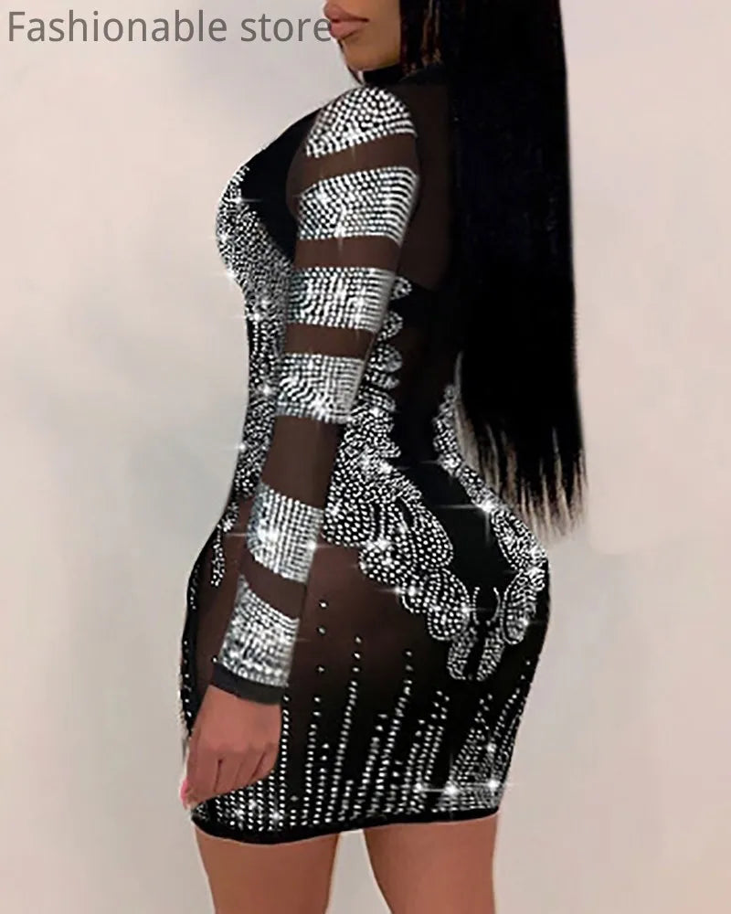 Sequin Goddess Dress (8): Women Sexy Solid Color Sheer Mesh Rhinestone Design Bodycon Nightclub Party Dress