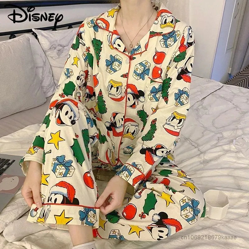 Disney Christmas Mickey Pajamas 2 Piece Set Women Long Sleeve Top Shirts Loose Trousers Y2k Home Clothes Cartoon Trend Sleepwear
