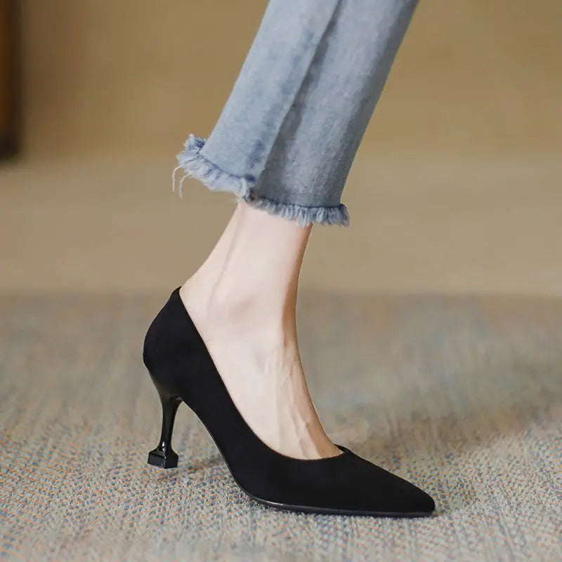 Women's Shoes: Black High Heels Women Summer Stiletto Suede Single Shoes Velvet Interview Formal Wear Professional Student Etiquette Shoes