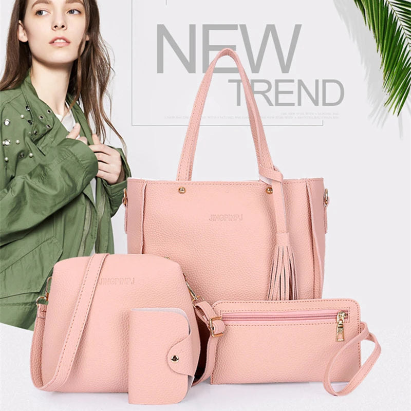 Handbag Set: Women 4PC Top-Handle Bags Female Composite Bags Women Messenger Bags Handbag Set PU Leather Wallets Key Bags Set Bolsa