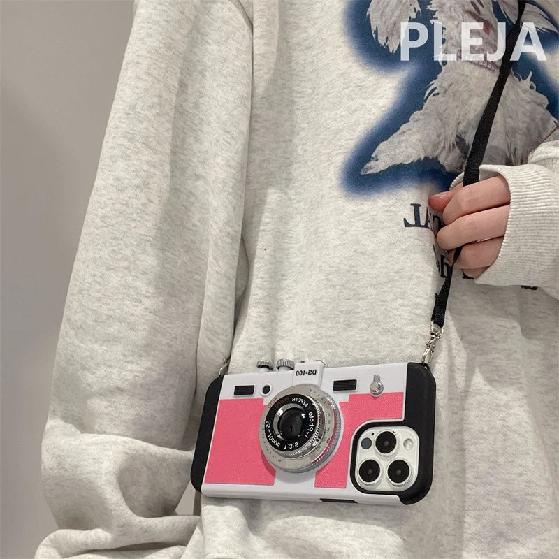 Fashion Crossbody Strap 3D Camera Phone Case For iPhone 15 Pro 14 Plus 11 13 12 Pro Max X Max XRCover Cute Soft Protective Cases