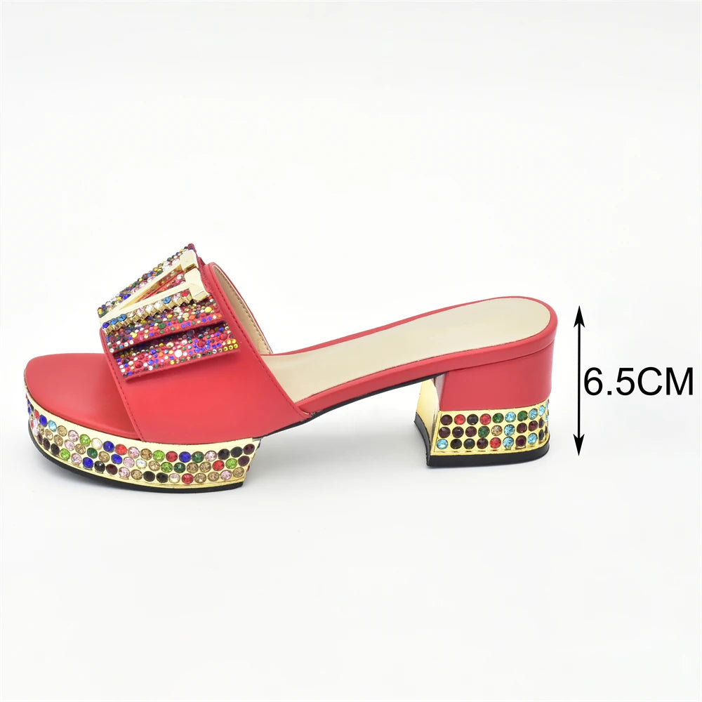 Latest Red Color African Women Party Italian Shoe with Matching Bag for Women Ladies Shoes and Bag Set Decorated with Rhinestone