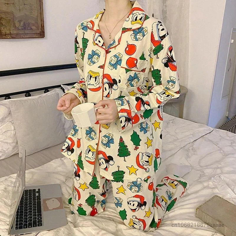 Disney Christmas Mickey Pajamas 2 Piece Set Women Long Sleeve Top Shirts Loose Trousers Y2k Home Clothes Cartoon Trend Sleepwear