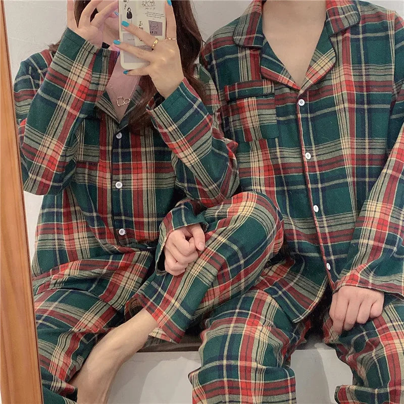 Green Christmas Pajamas Couple Pajama Set Simple Plaid Sleepwear Cotton Autumn Winter Women Pajamas Suit Long Sleeve Loungewear