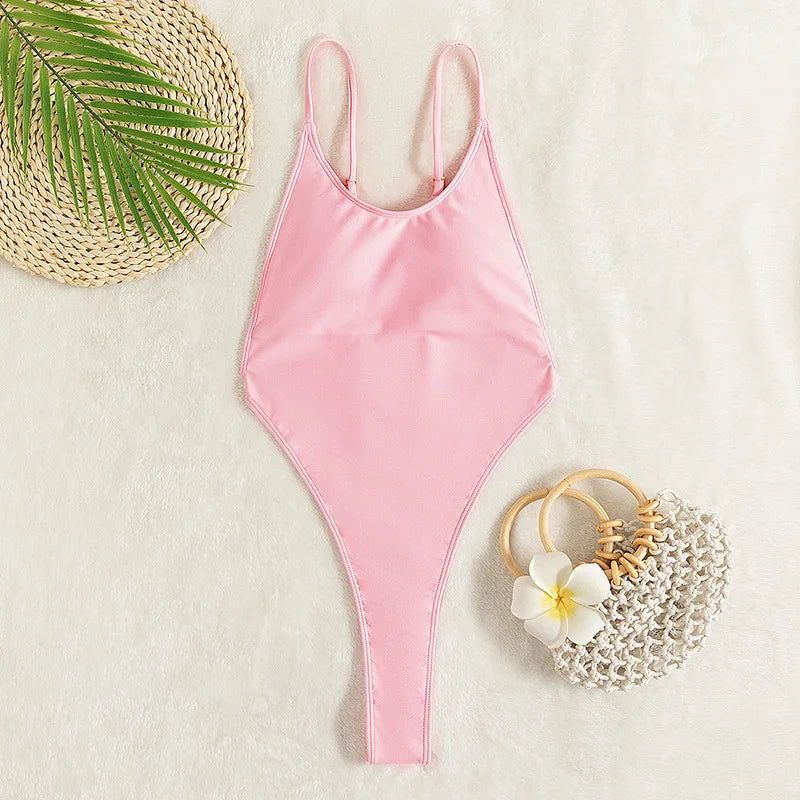 Izzy Brazillian Swimwear: Ellolace Backless Thongs Swimsuit Sexy One Piece Monokini Brazilian Bathing Suit High Leg Bikinis Beachwear Light Pink Body