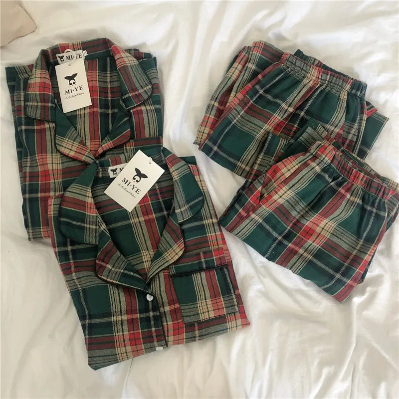 Green Christmas Pajamas Couple Pajama Set Simple Plaid Sleepwear Cotton Autumn Winter Women Pajamas Suit Long Sleeve Loungewear