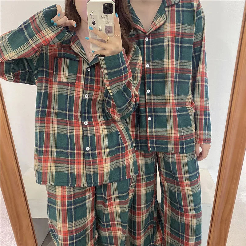 Green Christmas Pajamas Couple Pajama Set Simple Plaid Sleepwear Cotton Autumn Winter Women Pajamas Suit Long Sleeve Loungewear
