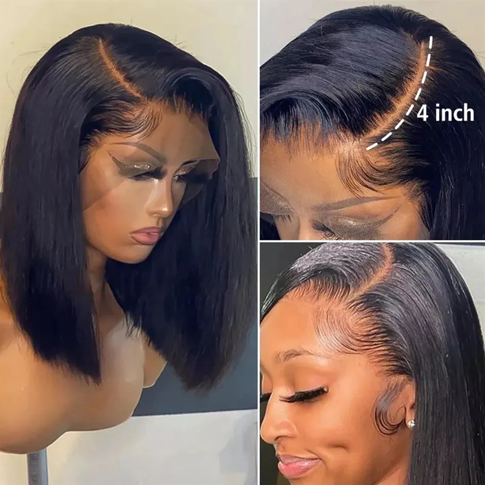 Glueless Wig: Glueless Short Bob Human Hair Wig Brazilian T Part side part Straight Lace Front Wig For Women Brazilian 150Density 8-16 inches Wear & Go