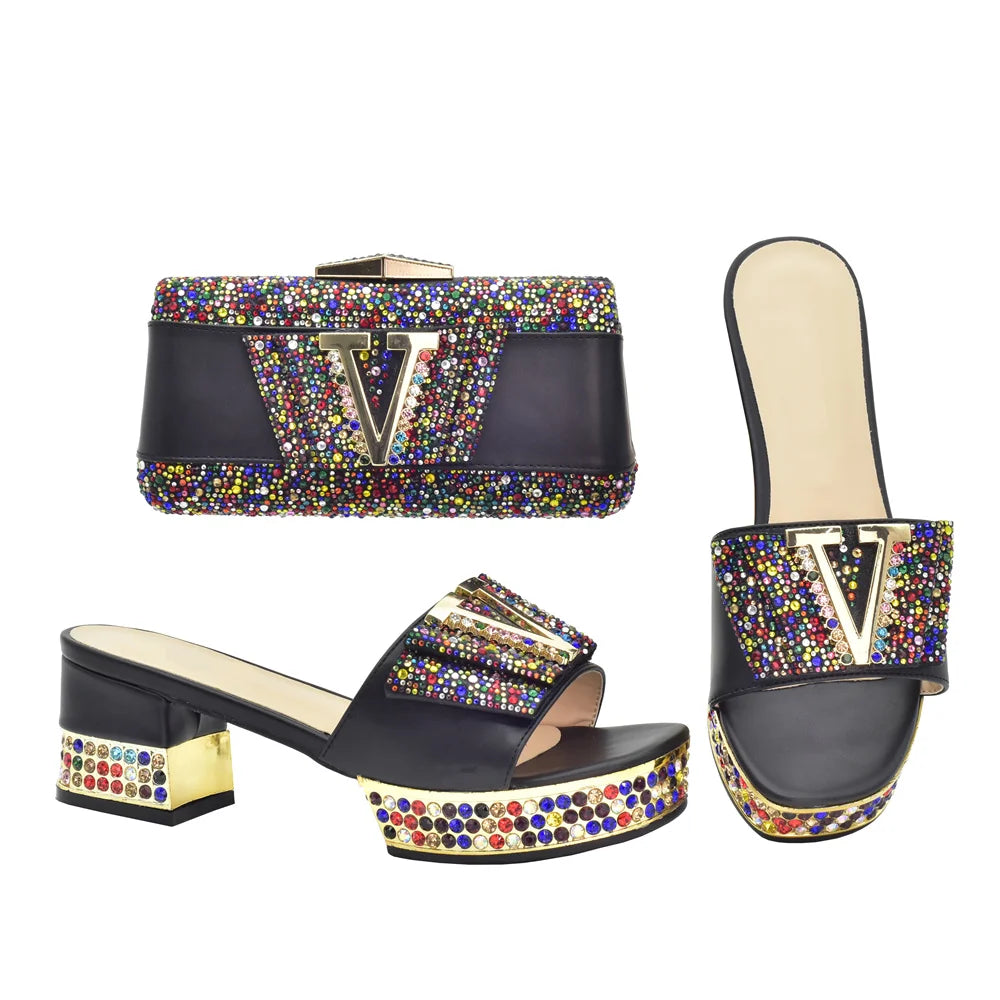 Latest Red Color African Women Party Italian Shoe with Matching Bag for Women Ladies Shoes and Bag Set Decorated with Rhinestone