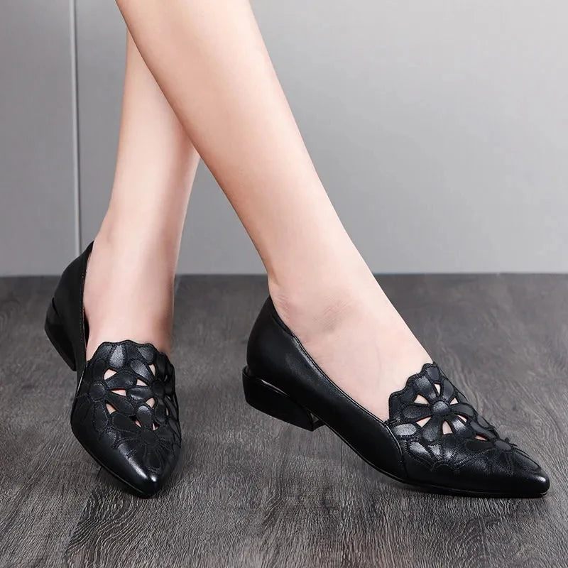 Women Shoes: Flats Mid Heel Loafers Shoes Women Heels Wedding PU Leather Hollow Out brown Square Heel Formal Shoes chaussure femme