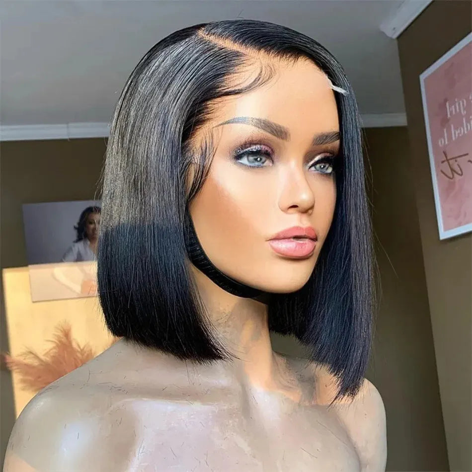 Glueless Wig: Glueless Short Bob Human Hair Wig Brazilian T Part side part Straight Lace Front Wig For Women Brazilian 150Density 8-16 inches Wear & Go