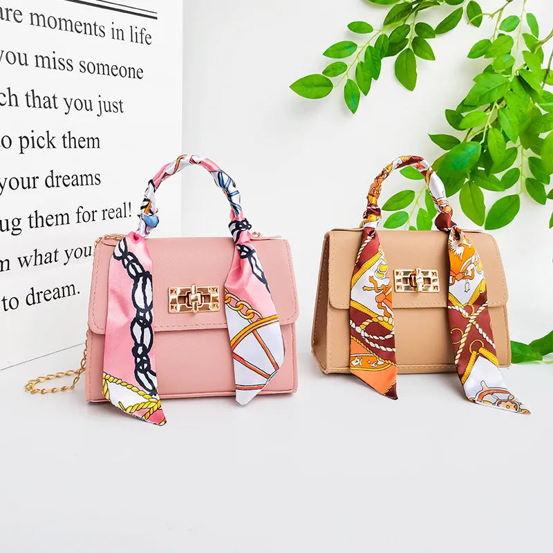 Trendy Handbag: Women Small Square Pack Handbags Silk Scarf Shoulder Bags PU Leather Mini Chain Bag Luxury Ribbons Crossbody Bags