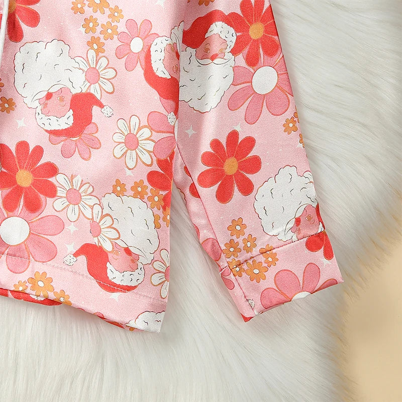 Toddler Girl Christmas Pajamas Cartoon Santa Flower Print Long-Sleeved Lapel Tops Elastic Waist Trousers Sleepwear Outfits